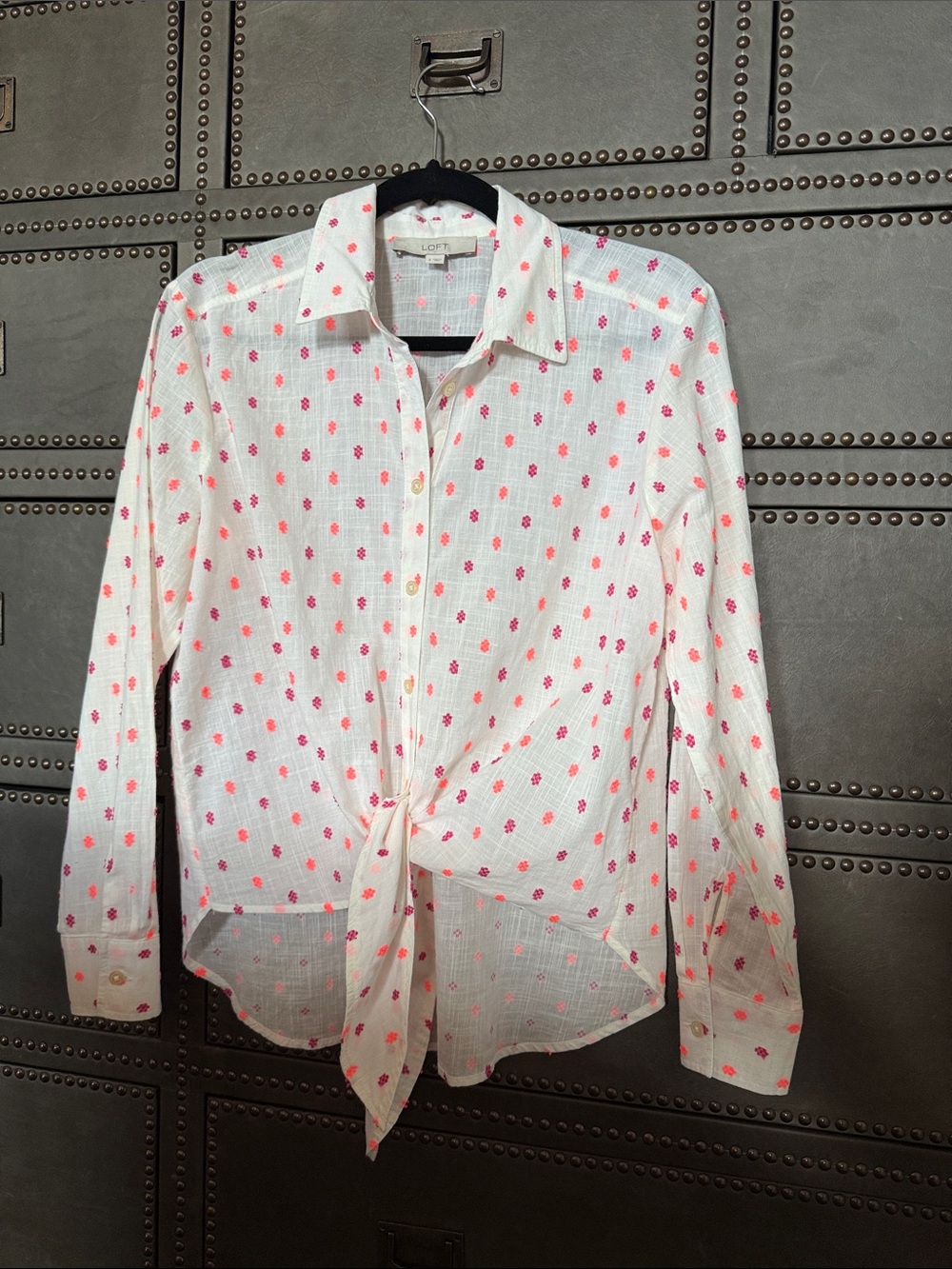 LOFT White Button-Down Shirt with Pink Dot Print and Front Tie